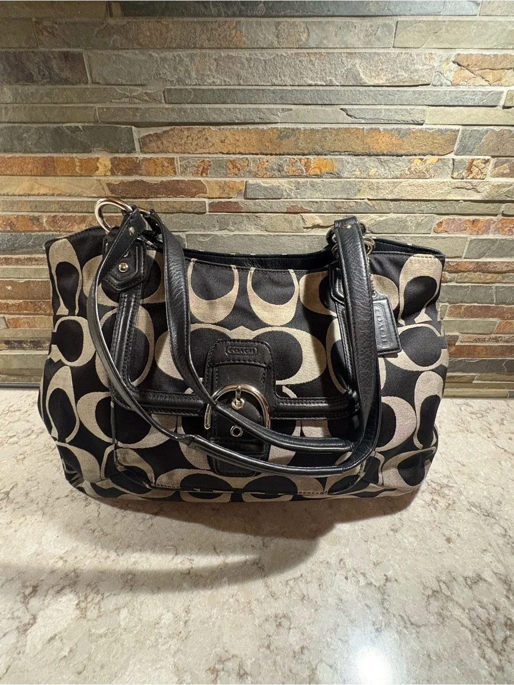 Coach Black and Tan Signature Shoulder Bag with Leather Trim